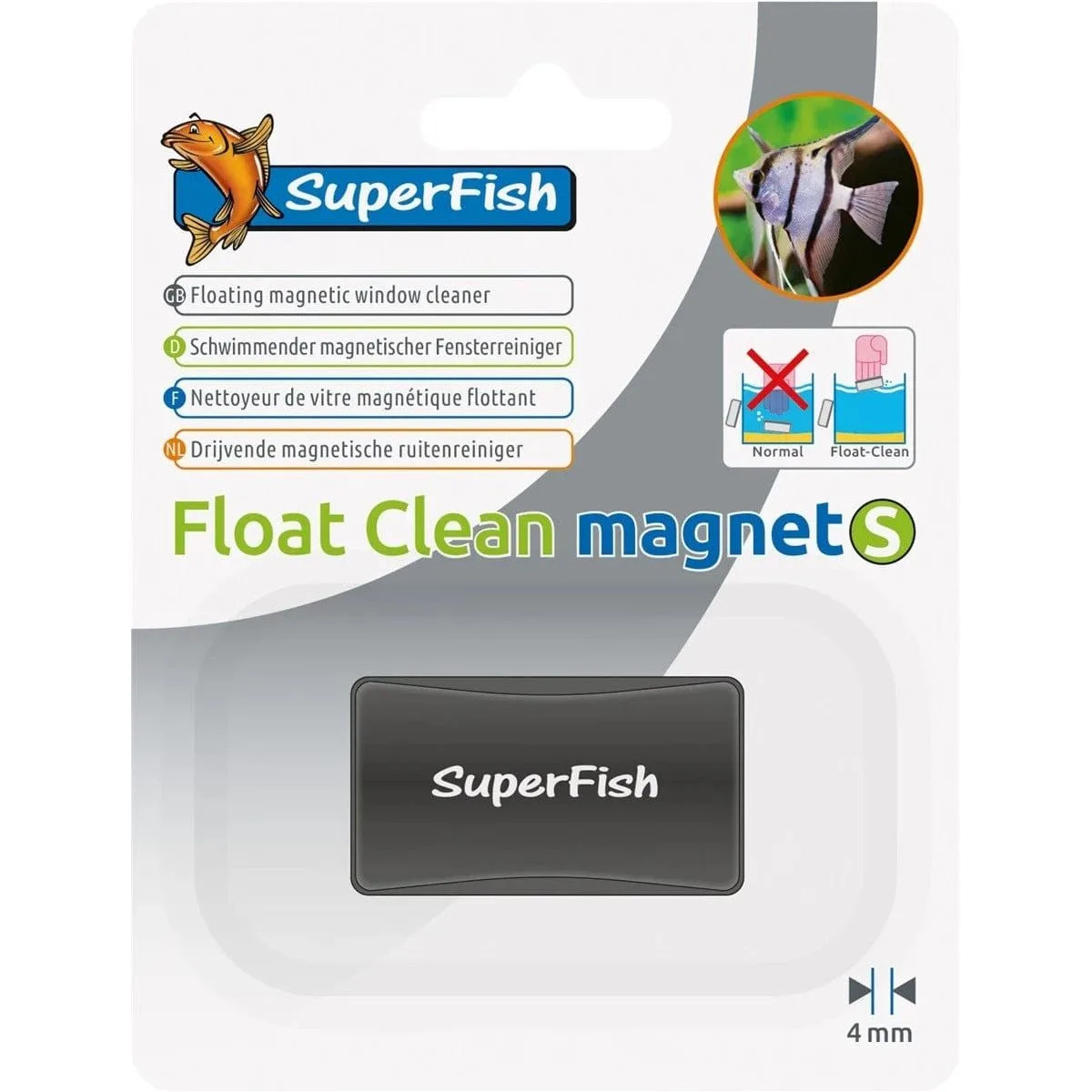 Limpa vidros magnético flutuante SuperFish em embalagem branca com texto e imagem de peixe