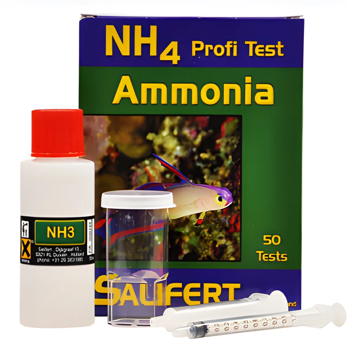 Kit de teste de amoníaco NH4 Profi Test Ammonia da Salifert com frasco, copo de plástico, seringas e caixa colorida.