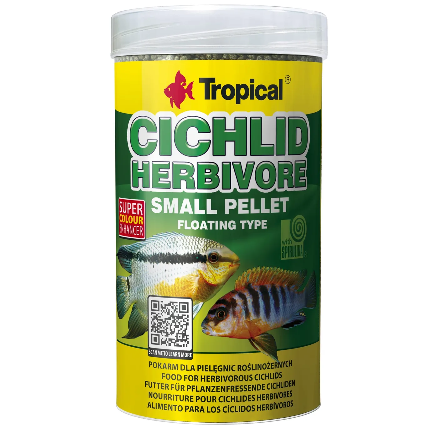 Alimento para peixes cíclides herbívoros Tropical em embalagem amarela e verde com tampa branca