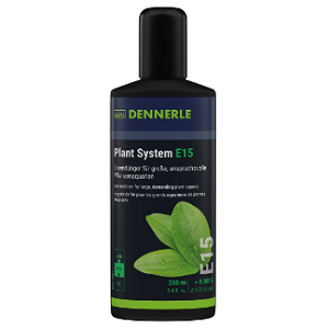 Frasco preto com rótulo verde e azul da Dennerle Plant System E15 com imagem de folhas
