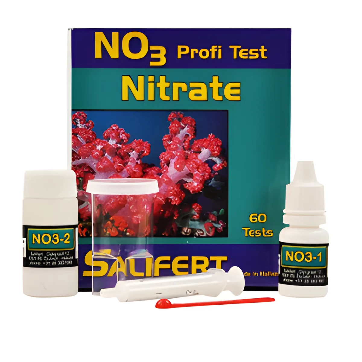 Kit para teste de nitratos NO3 Profi Test Nitrate da SALIFERT com frascos, seringa, colher e caixa colorida.