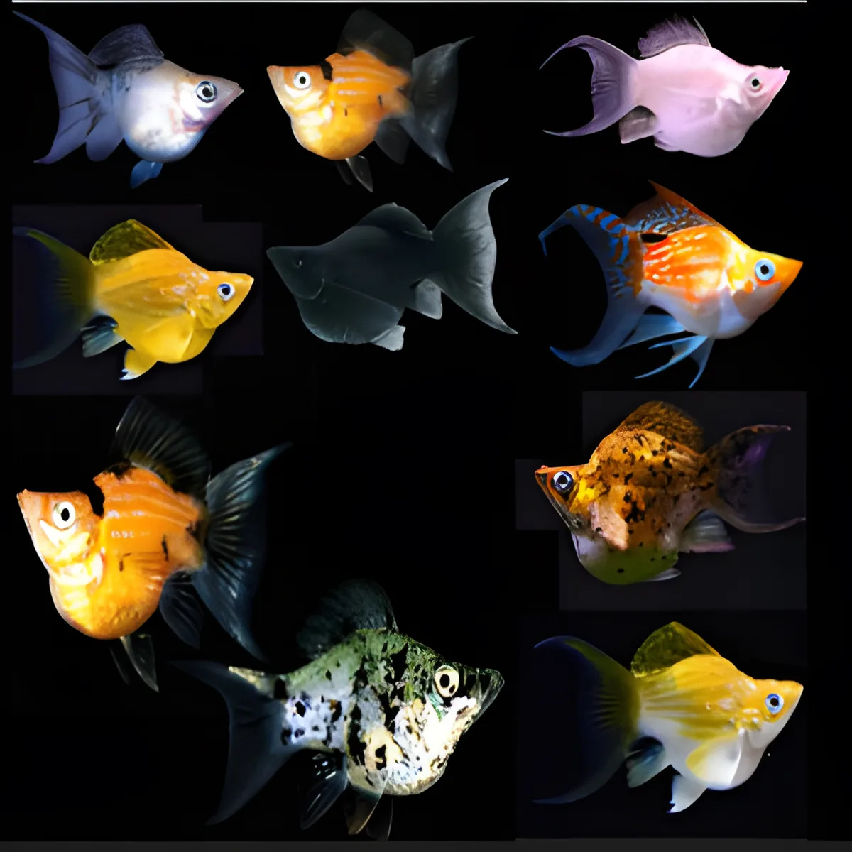 Dez peixes tropicais coloridos com diferentes padrões sobre fundo preto