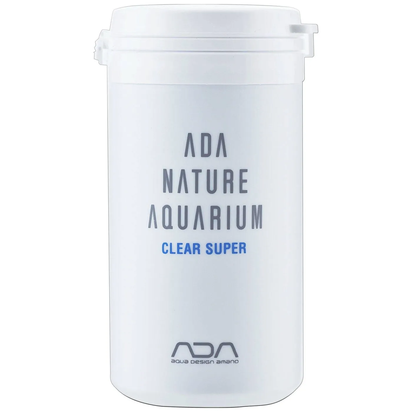 Recipiente branco com texto ADA NATURE AQUARIUM CLEAR SUPER e logotipo ADA AQUA DESIGN AMANO