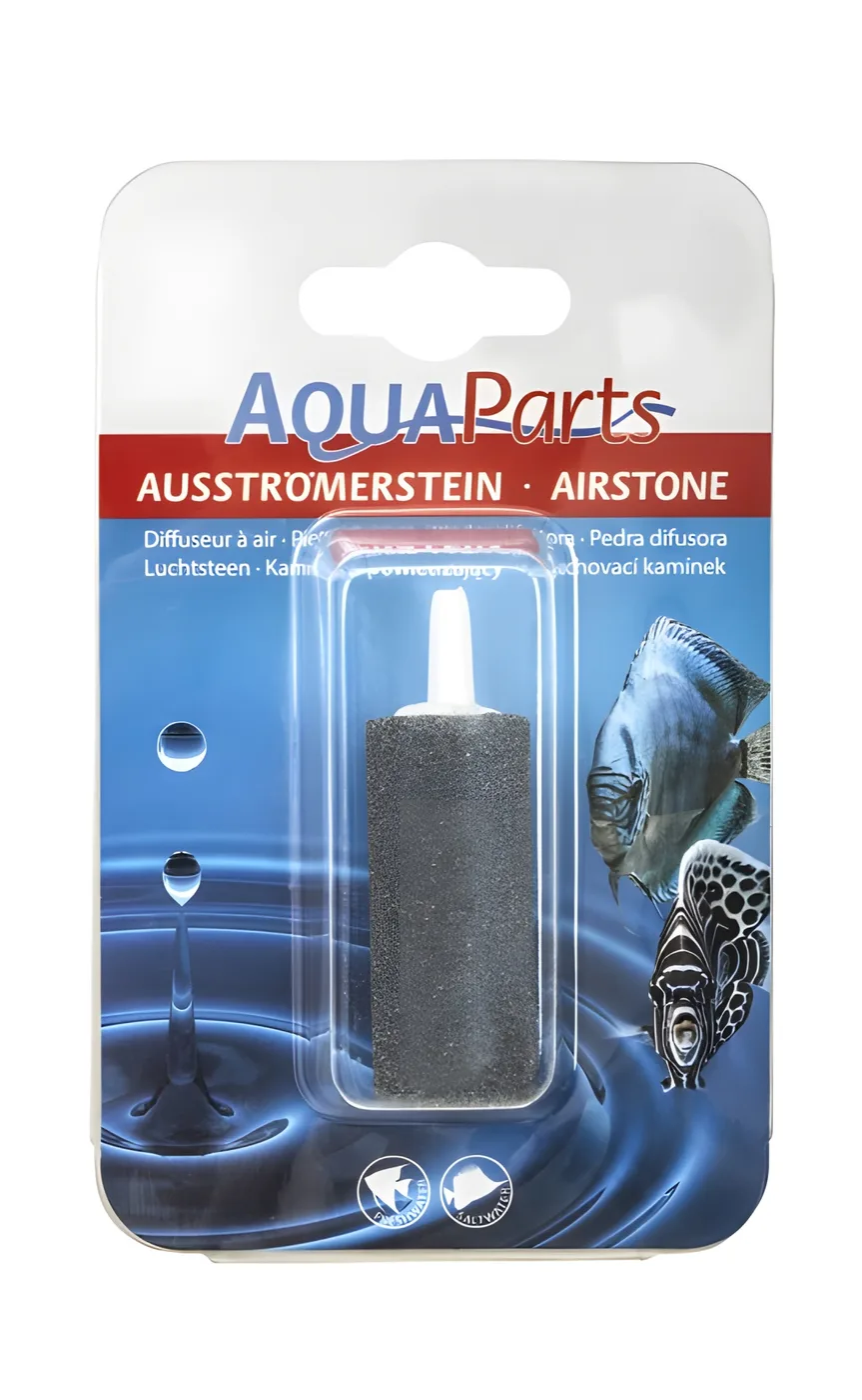 Pedra difusora AquaParts para aquários, em embalagem azul e vermelha com imagens de peixes