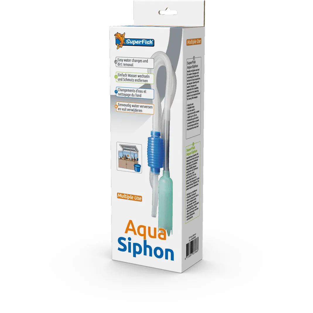 Caixa do sifão Aqua Siphon da SuperFish com tubo flexível e ilustracão de aquário