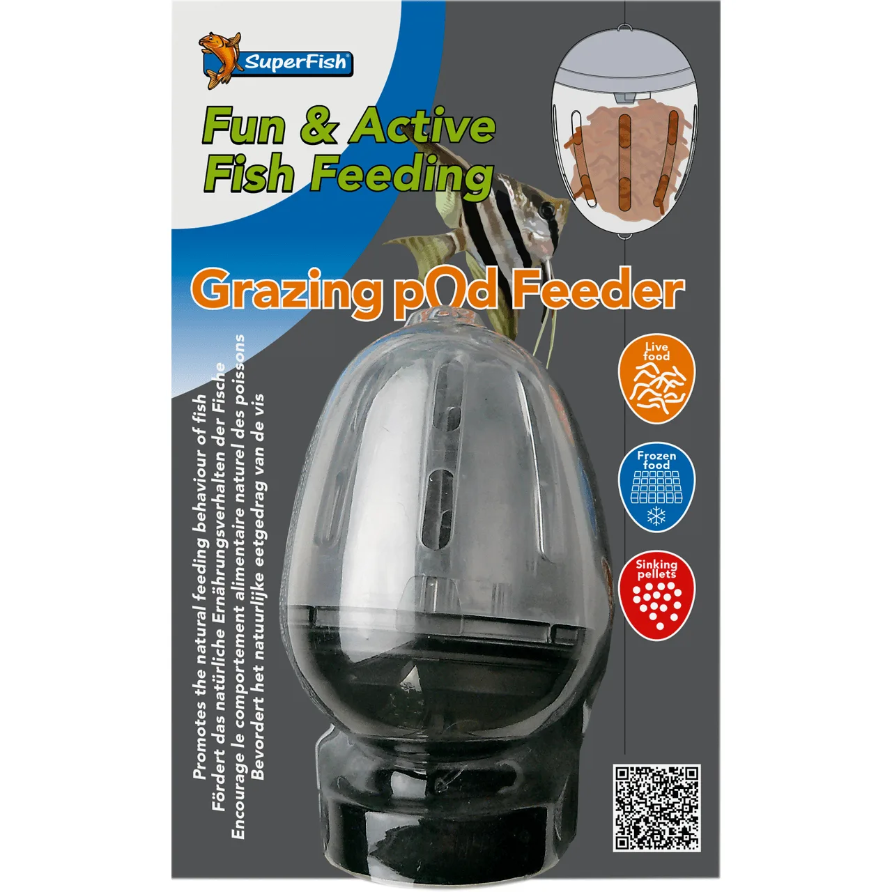 Alimentador para peixes SuperFish plástico preto e transparente com rótulos coloridos