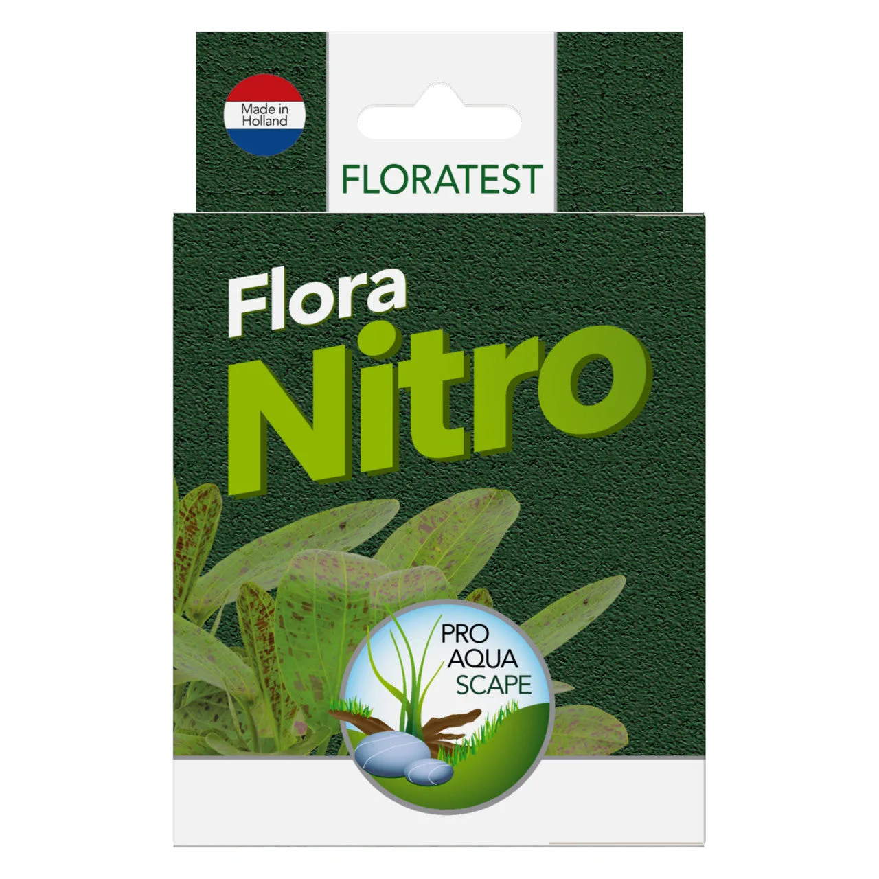 Embalagem de produto Flora Nitro com folhas verdes e selo Pro Aqua Scape