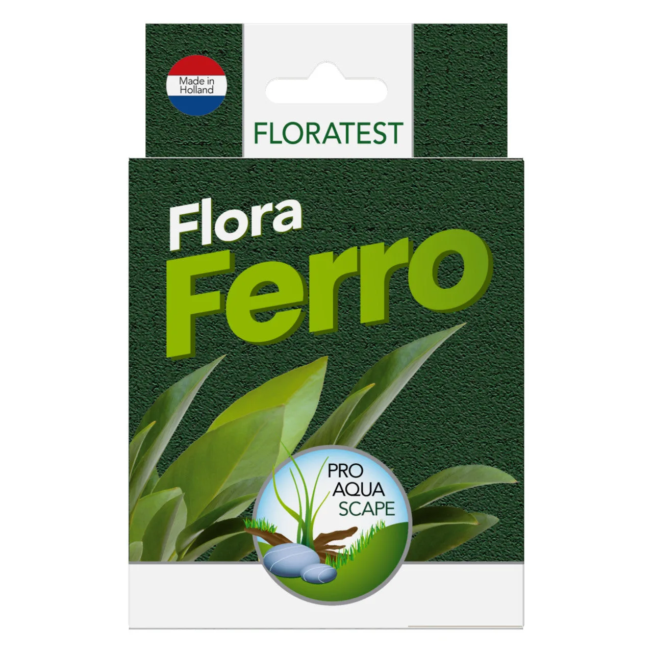 Embalagem de produto Flora Ferro com ilustração de folhas e texto PRO AQUA SCAPE