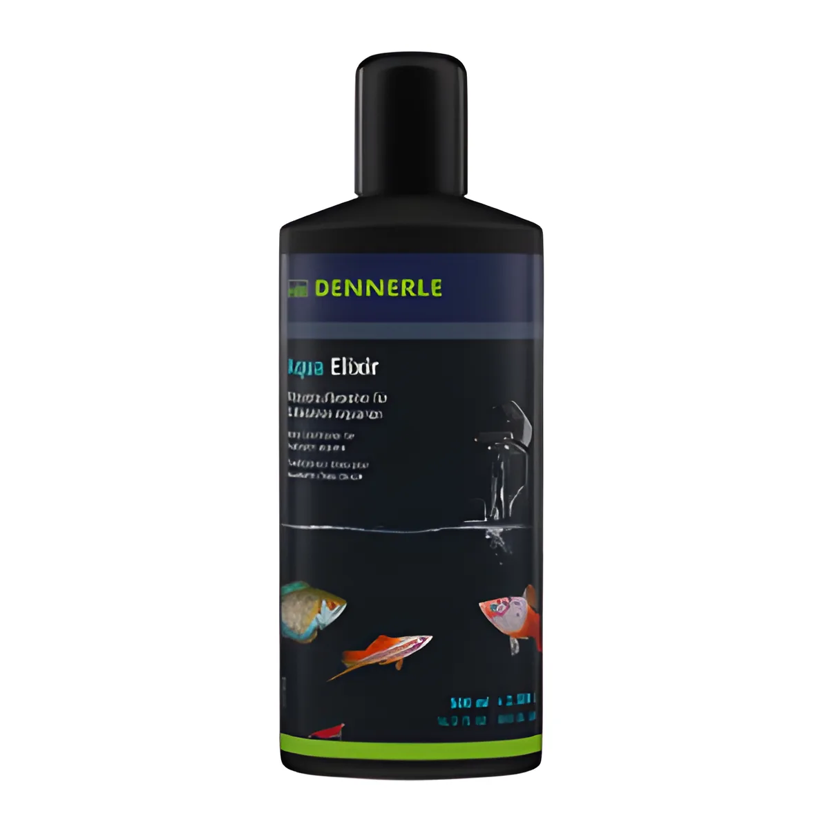 Frasco de líquido para aquário com rótulo DENNERLE e peixes coloridos