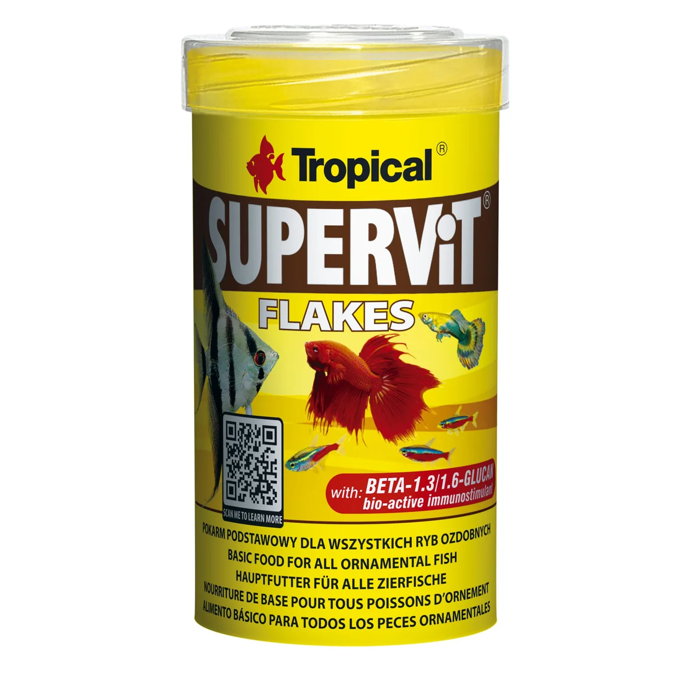 Embalagem amarela de alimento para peixes Tropical Supervit Flakes com imagens de peixes e texto multilingue.