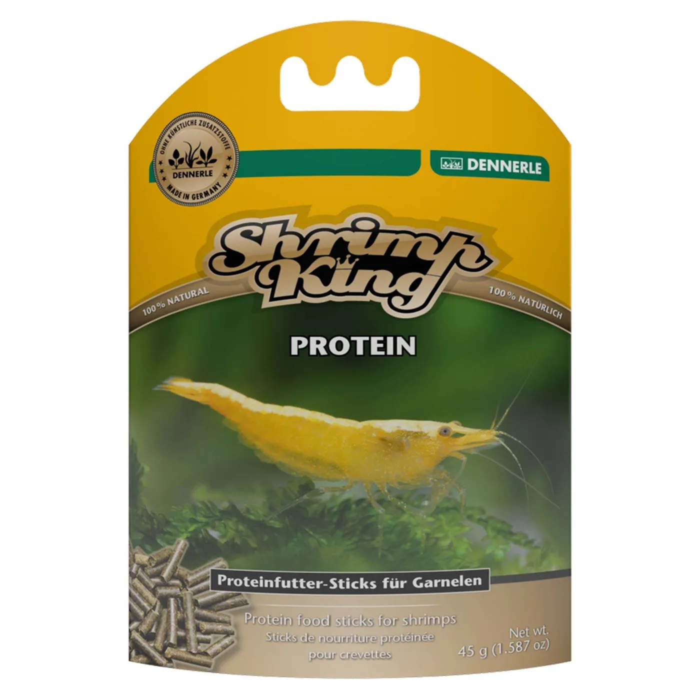 alimento para camarões Shrimp King Protein embalagem amarela e verde Dennerle