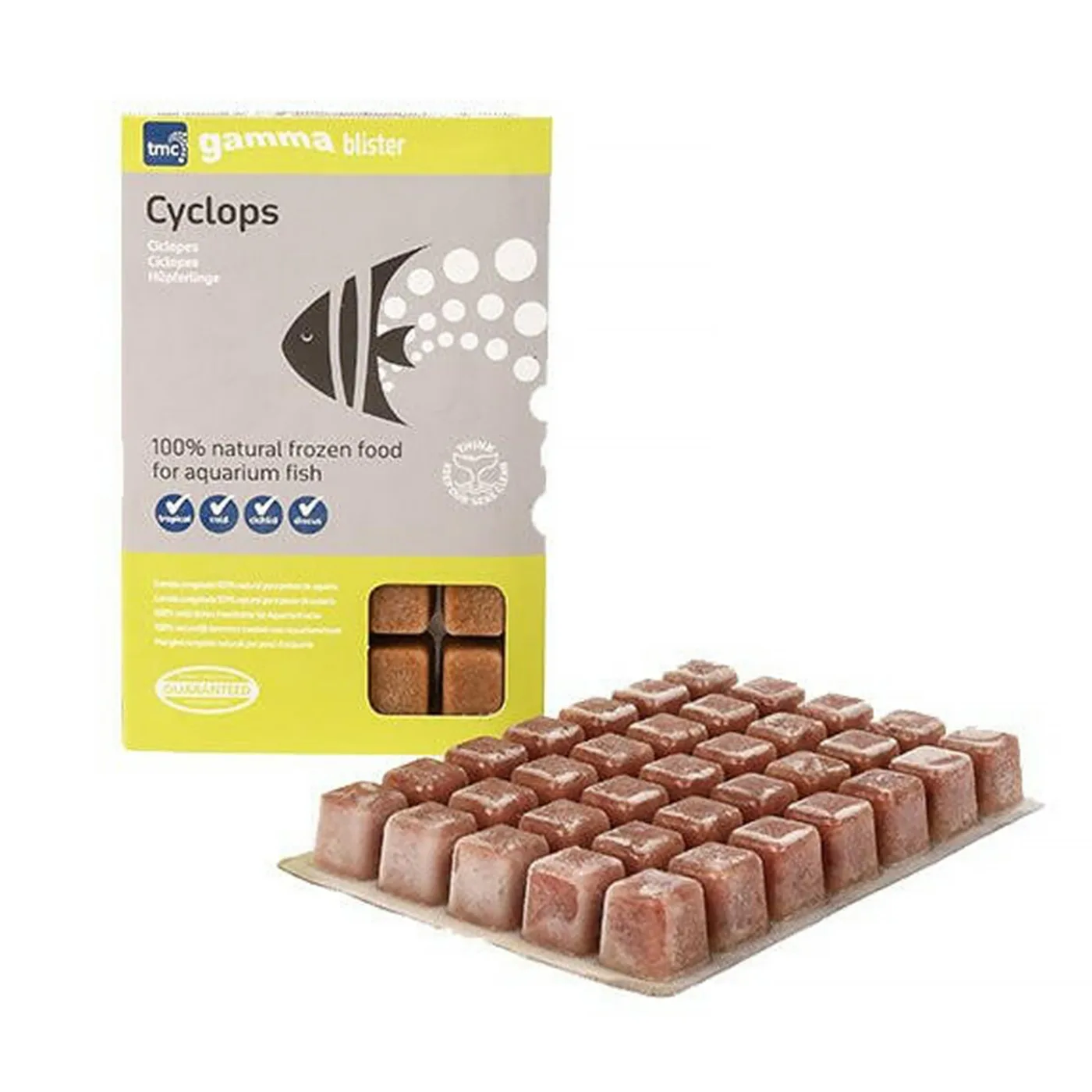Pacote de alimento congelado para peixes com cubos castanho-avermelhados