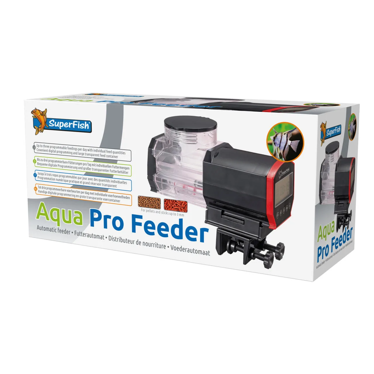 Alimentador automático Aqua Pro Feeder SuperFish em caixa com imagens de peixes e alimentos