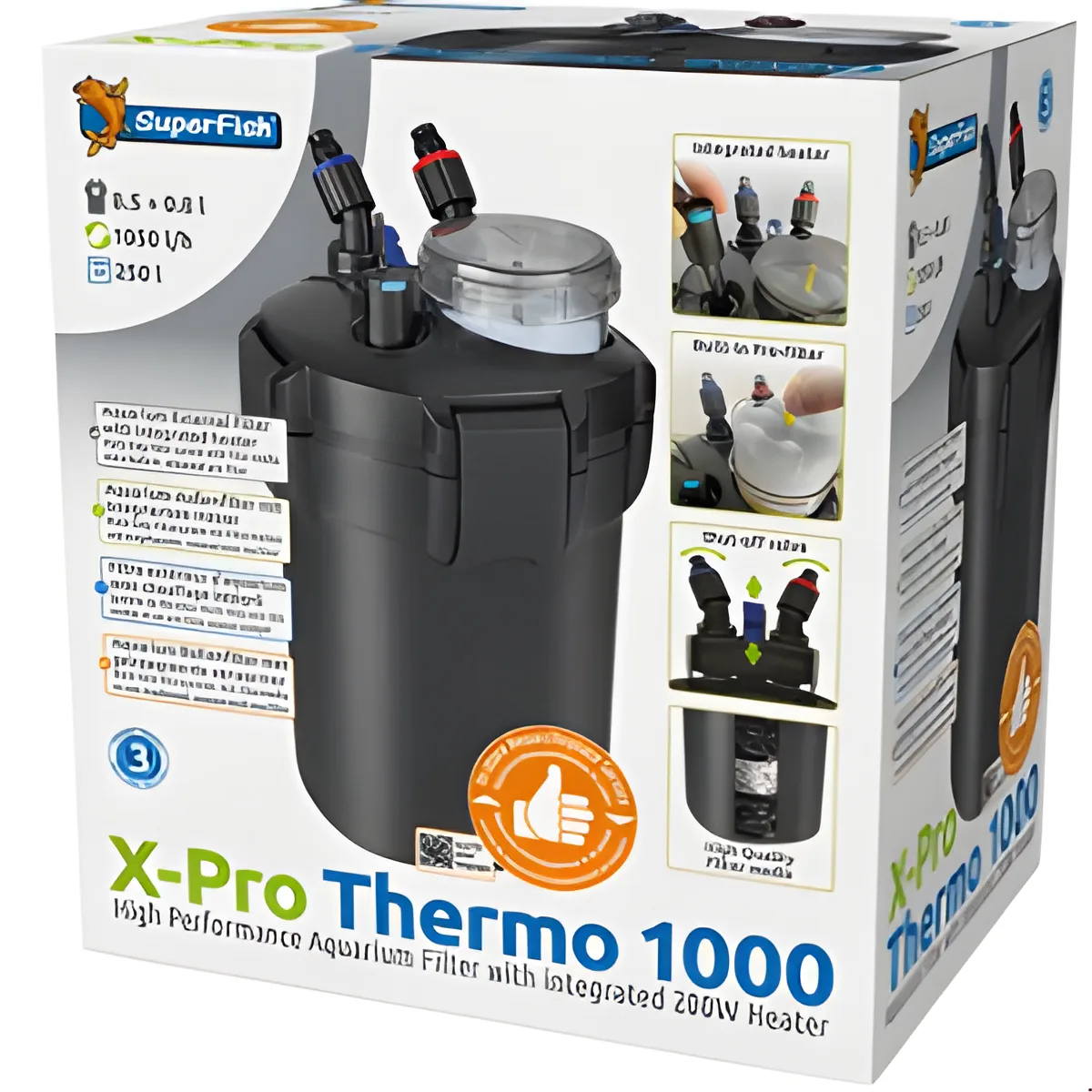 Filtro externo para aquário SuporFish X-Pro Thermo 1000 preto com conexões coloridas e tampa transparente