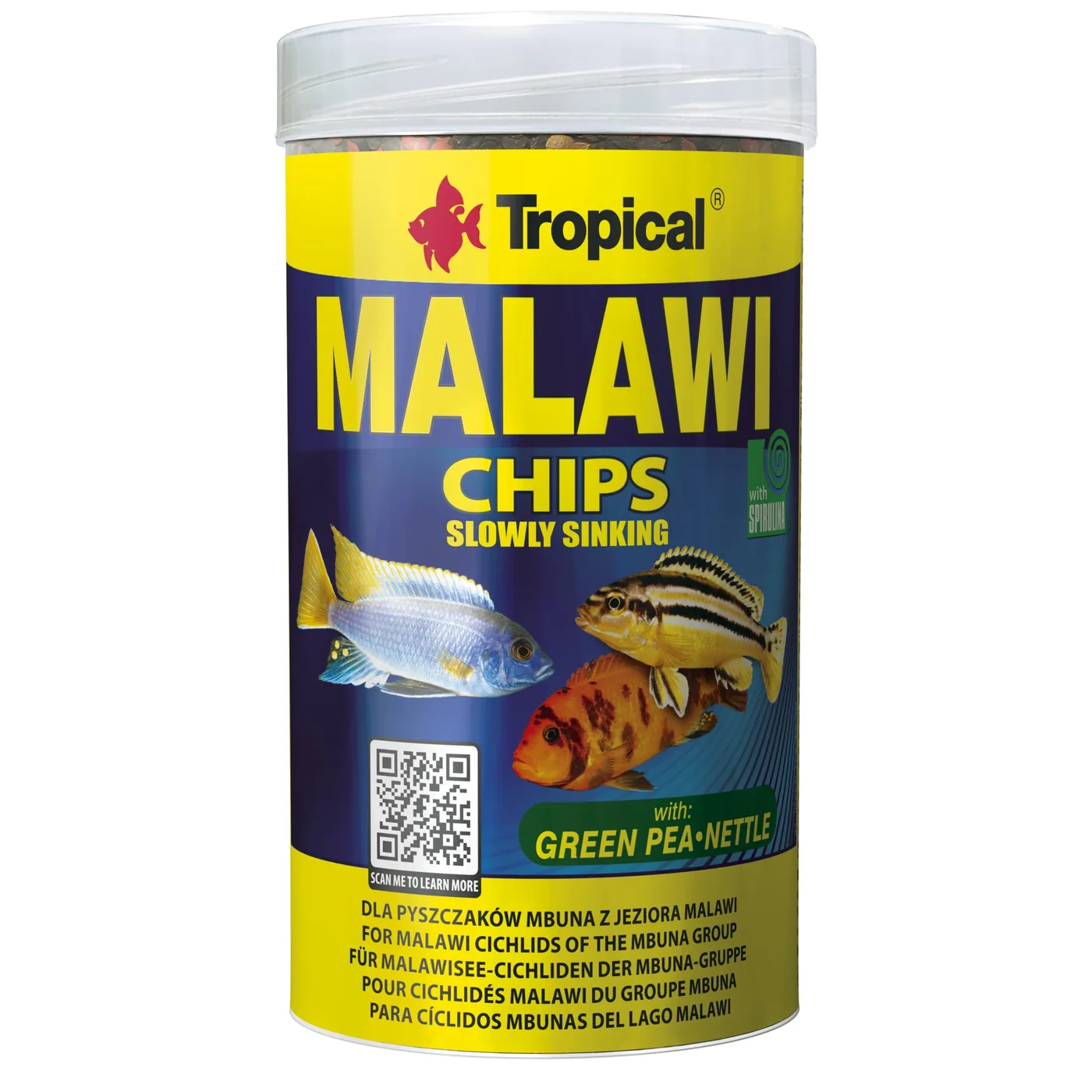 Embalagem de comida para peixes Malawi Chips da Tropical com ilustrações de peixes coloridos