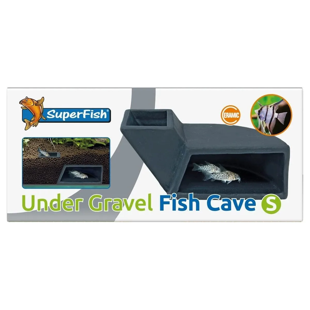 Abrigo cerâmico para peixes SuperFish Under Gravel Fish Cave S em embalagem com texto e imagens