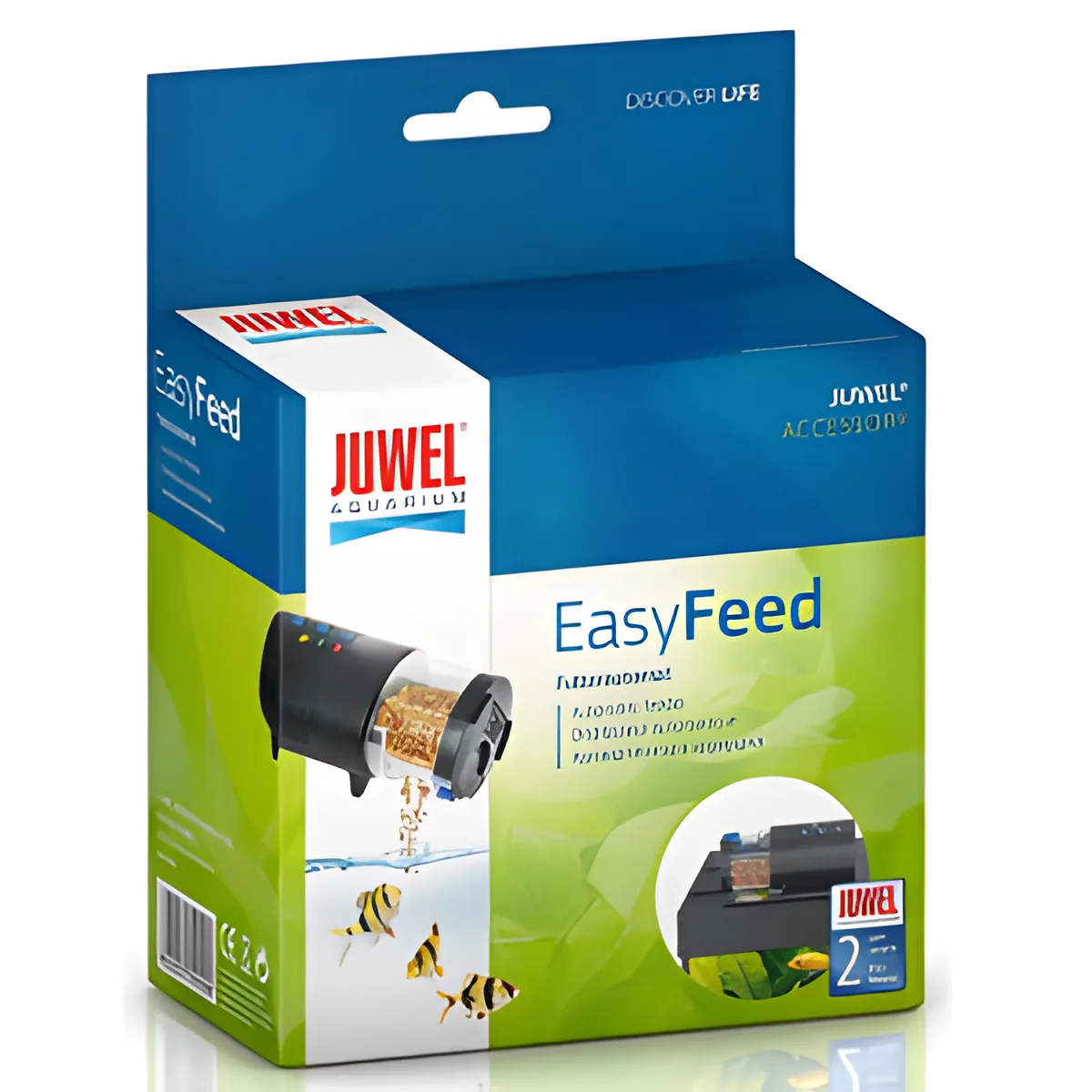 Embalaem azul e verde do alimentador automatico Juwel EasyFeed para aquarios