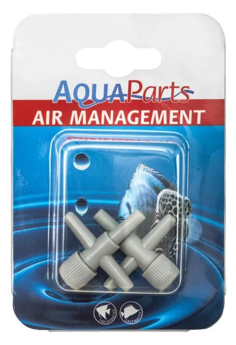 Produto AquaParts Air Management com dois conectores plásticos cinza em embalagem blíster azul e vermelho