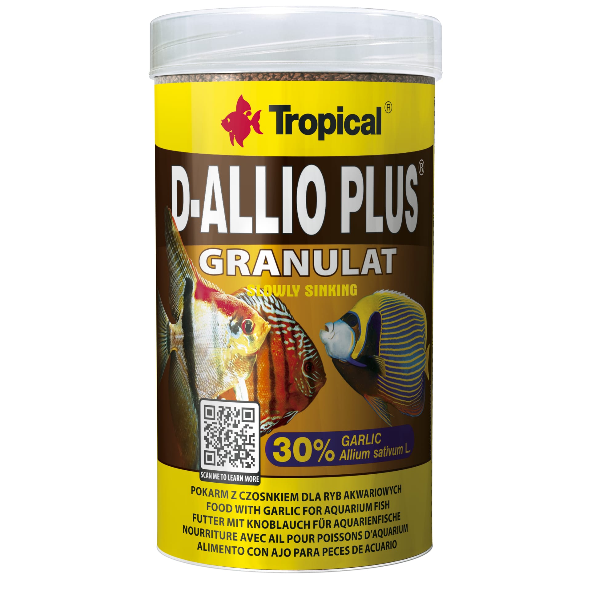 Lata de comida para peixes Tropical D-ALLIO PLUS com imagens de peixes
