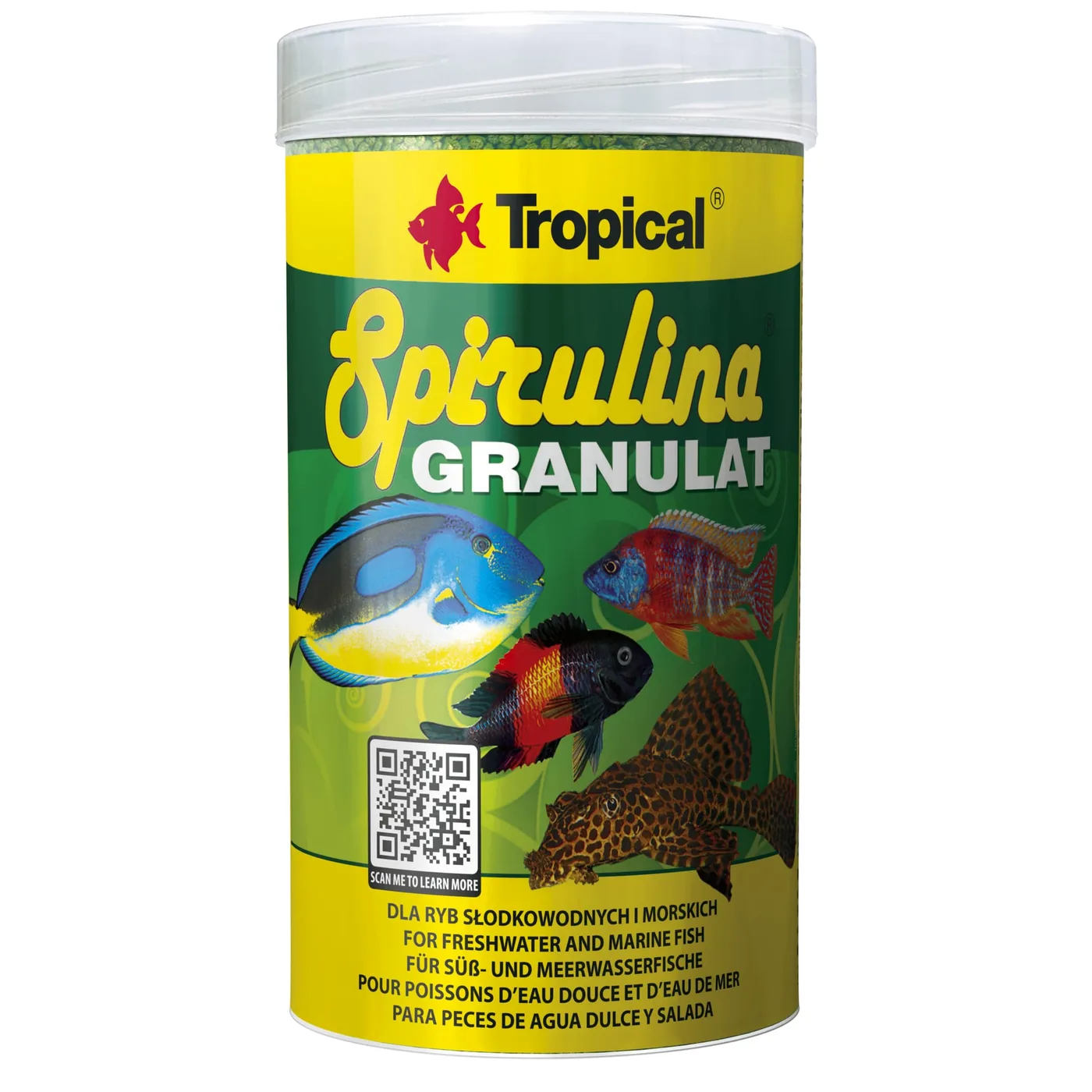 Recipiente de alimento para peixes Tropical Spirulina Granulat com rótulo verde e amarelo