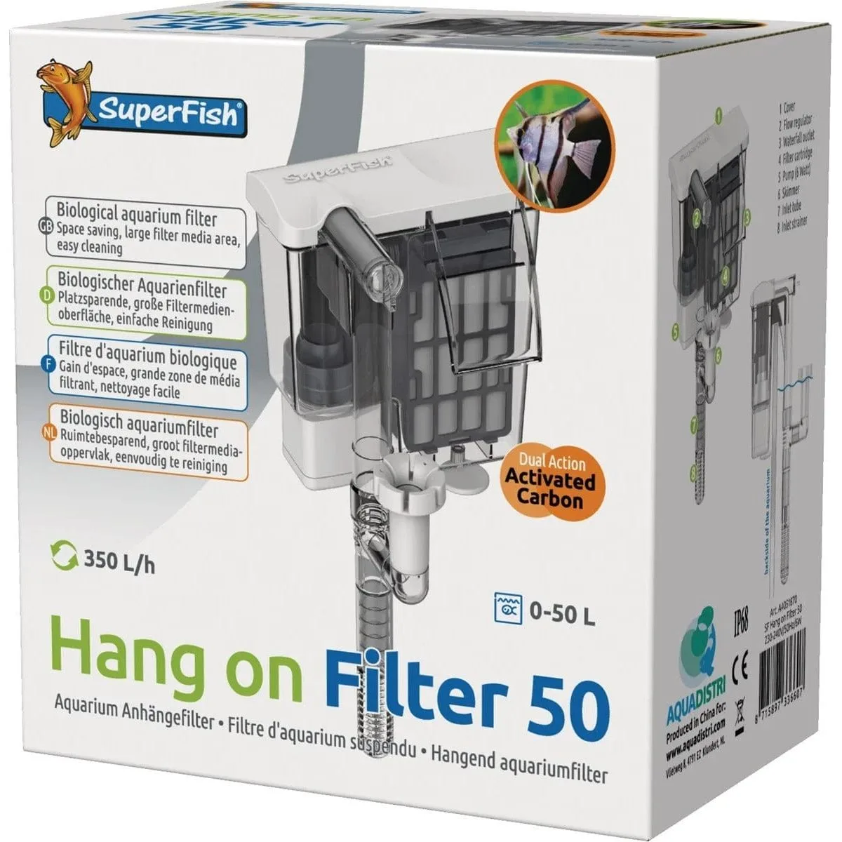 Embalagem do filtro biológico para aquário Hang on Filter 50 da SuperFish