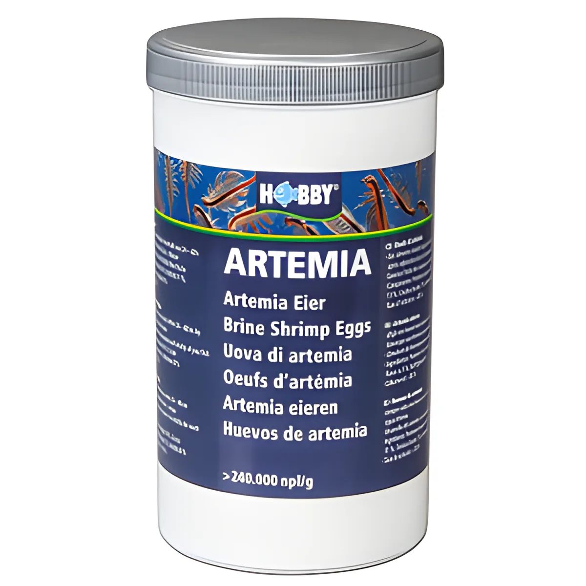 Recipiente branco com tampa cinza e rótulo azul de Artemia da marca HOBBY