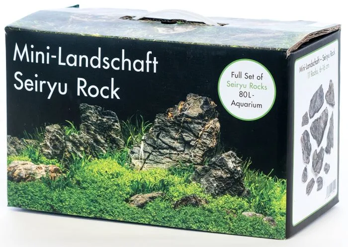 Conjunto de pedras Seiryu Rock para aquários em embalagem com imagem do produto e texto