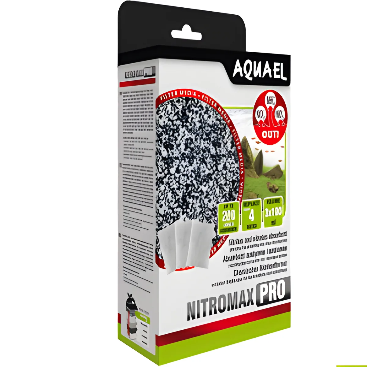 Embalagem do produto AQUAEL NITROMAX PRO em fundo branco com detalhes vermelhos e verdes