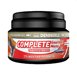 Dennerle Complete Gourmet Menu 100ml Frasco preto de comida para peixes DENNERLE com rótulo vermelho e castanho