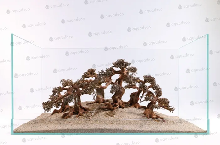 Terrário de vidro com miniaturas de árvores e areia