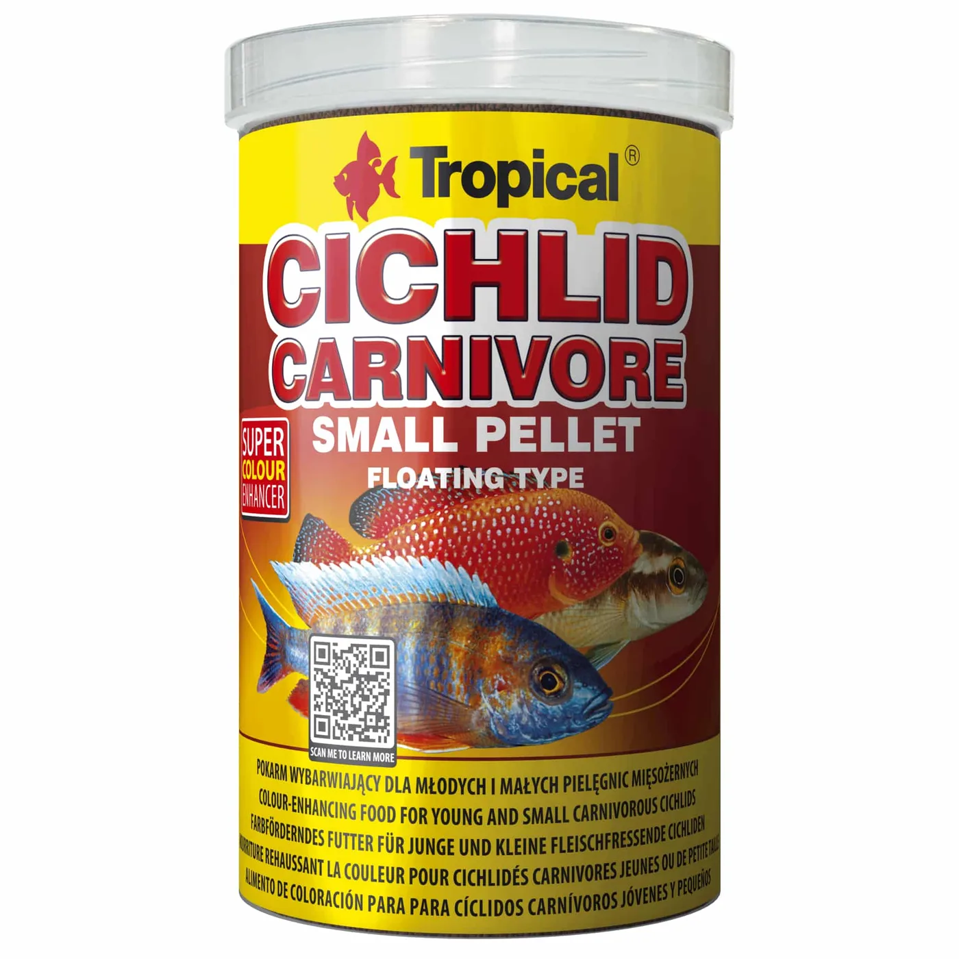 Pote de comida para peixes Tropical Cichlid Carnivore com rótulo amarelo e vermelho e imagens de peixes