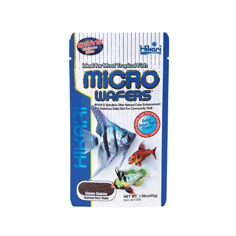 Pacote de ração para peixes Hikari Micro Wafers com peixes coloridos na frente