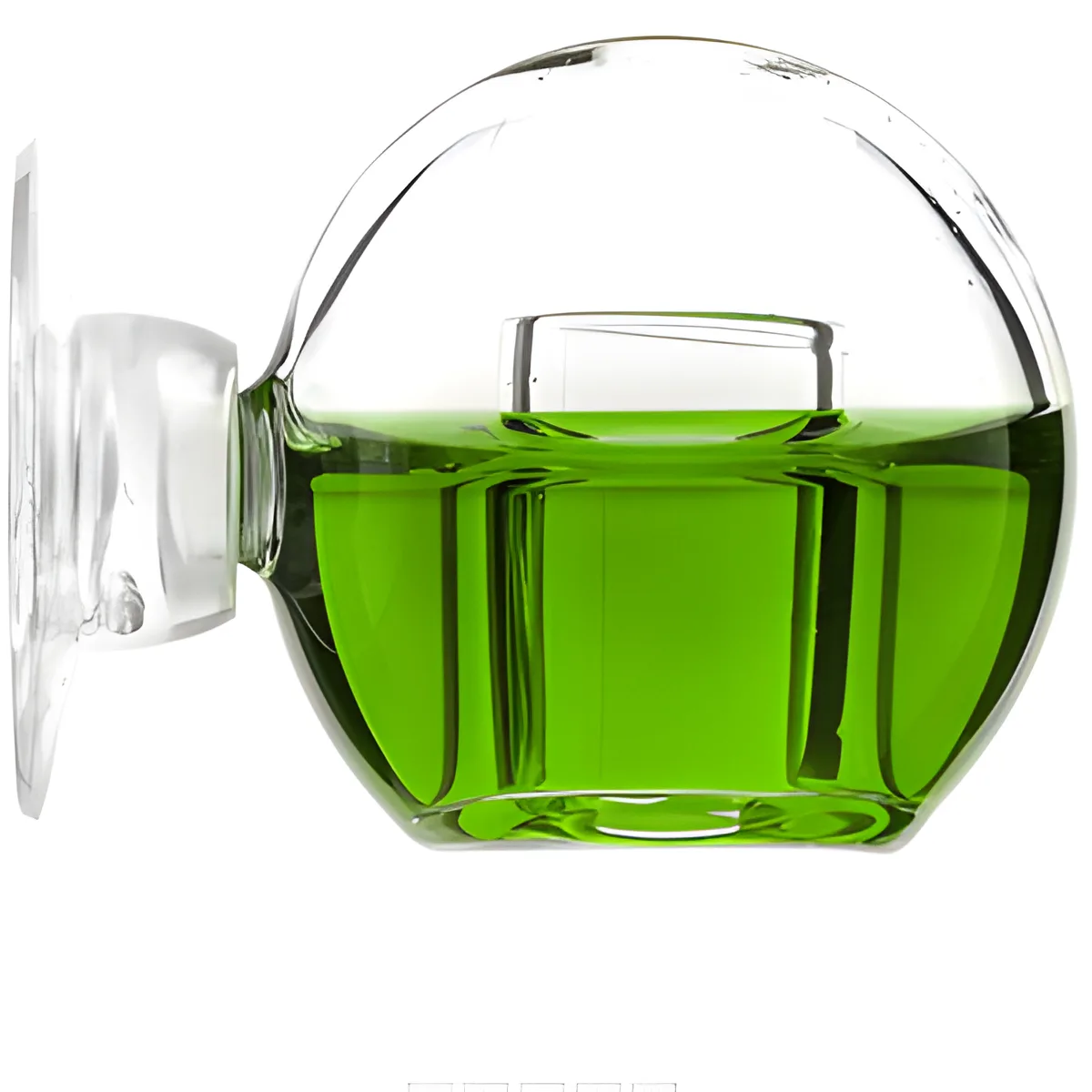 Frasco de vidro transparente com líquido verde e ventosa lateral