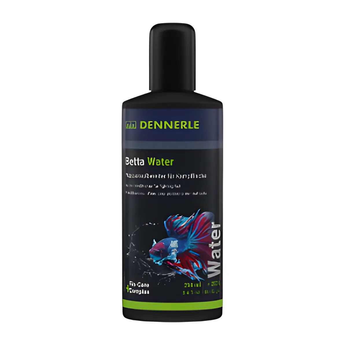 Frasco plástico preto de Betta Water Dennerle com peixe betta colorido no rótulo