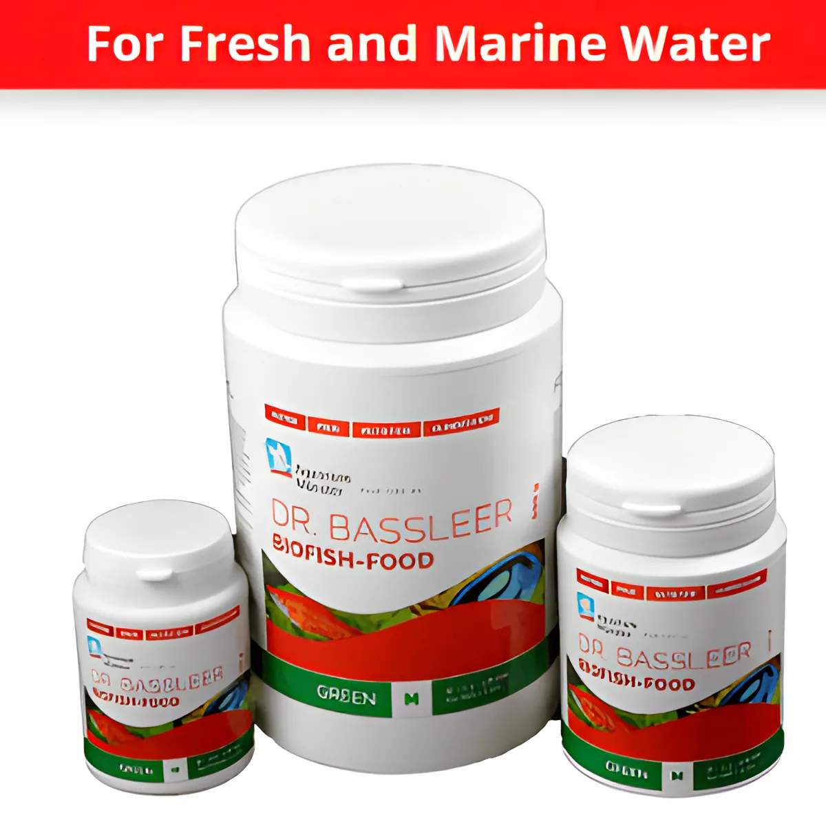 Três frascos de suplemento alimentar para peixes com rótulos coloridos e texto DR. BASSLEER BIOFISH-FOOD