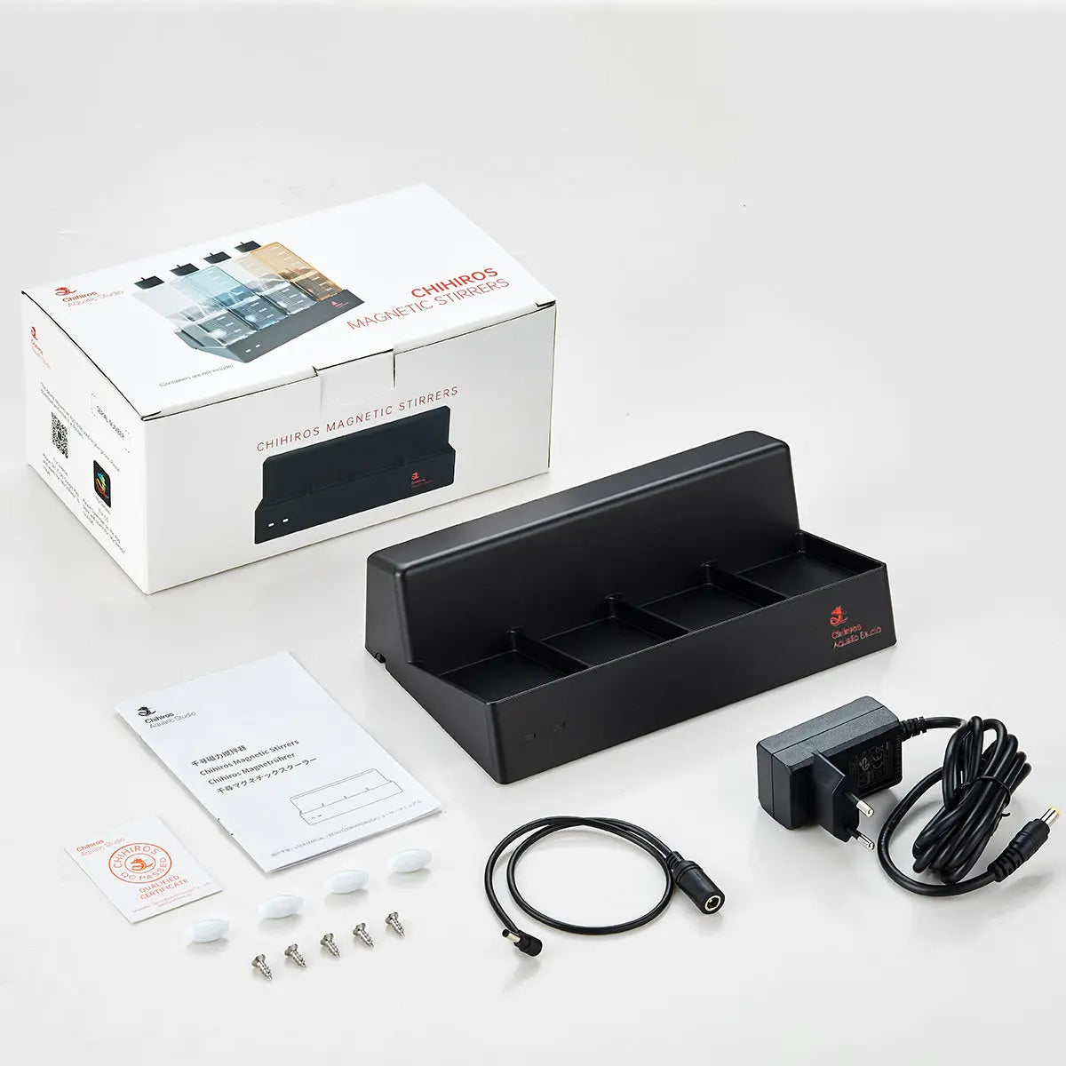 Conjunto Chihiros Magnetic Stirrers com base preta, acessórios e embalagem