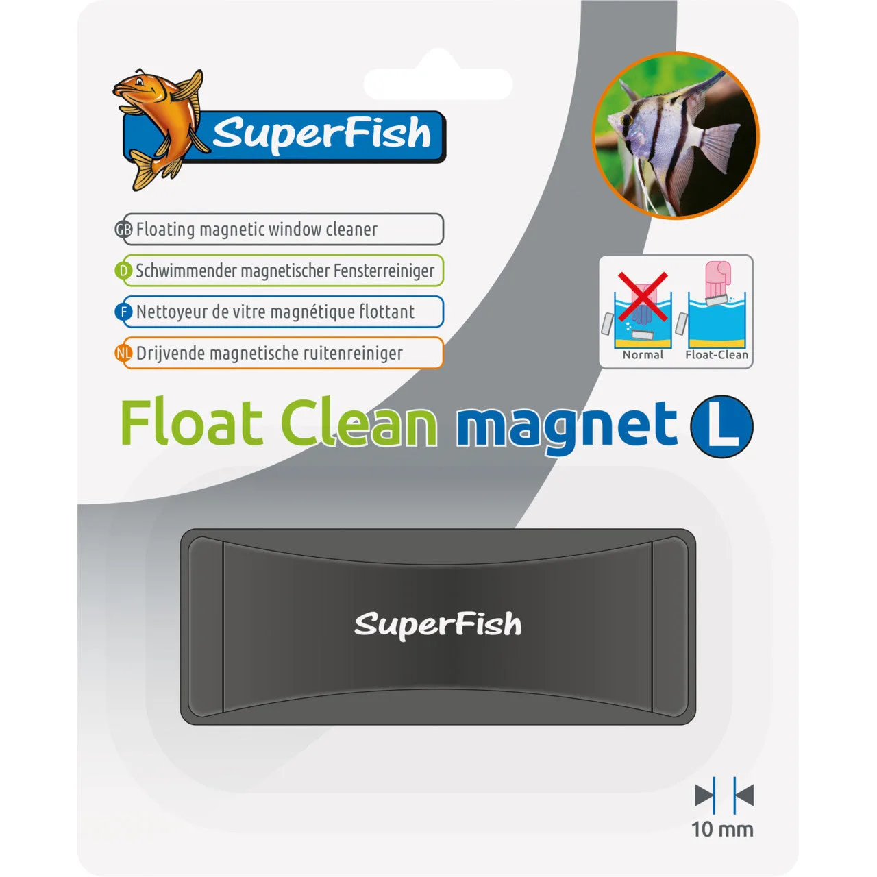 Limpa vidros magnético flutuante SuperFish com embalagem branca e ilustração de peixe.