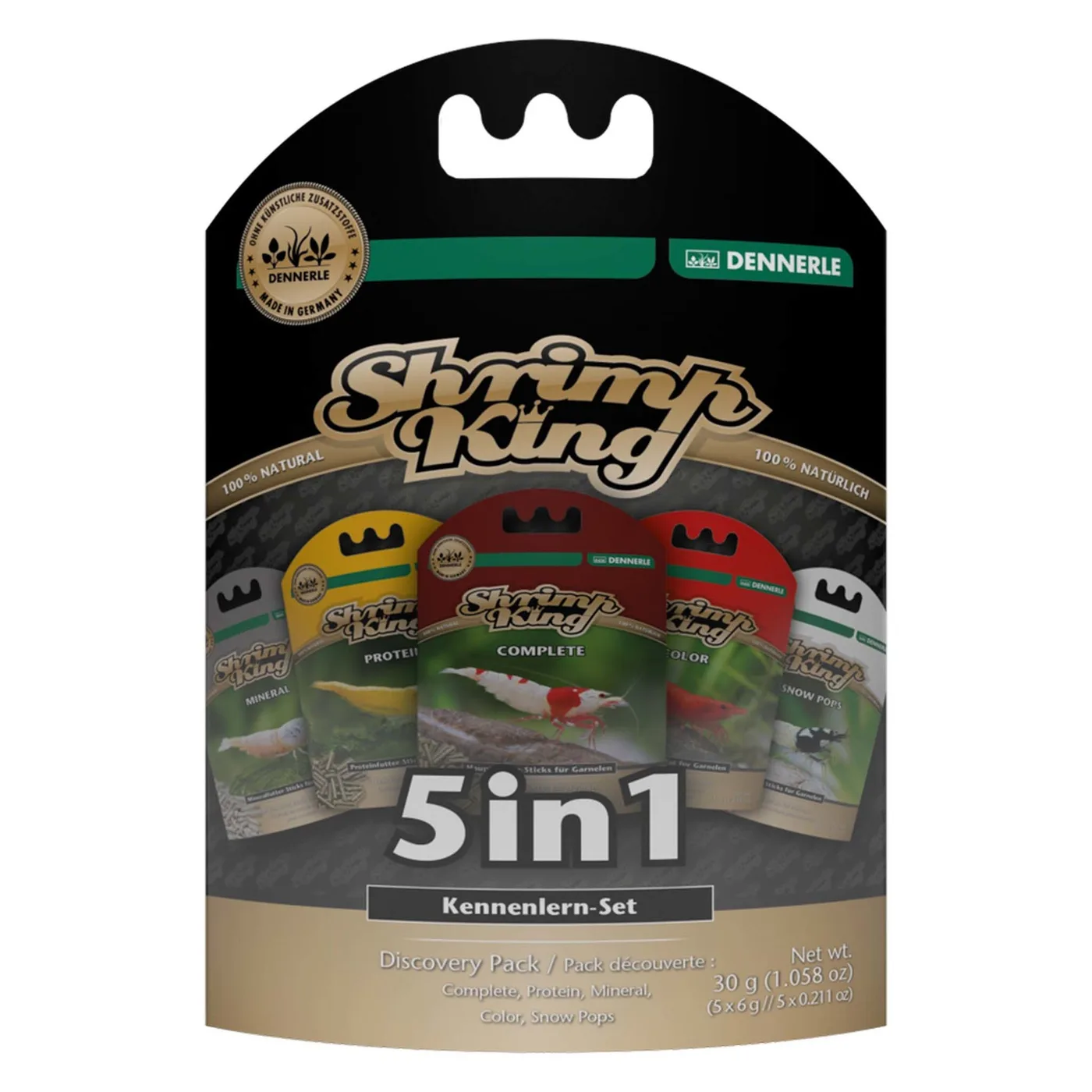 Produtos Shrimp King Dennerle para camarões em embalagem 5 em 1