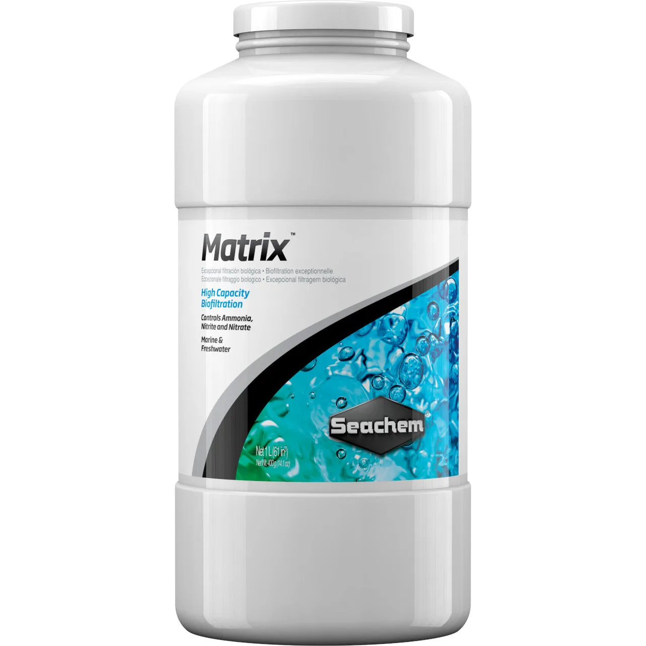 Frasco branco com etiqueta de produto Matrix Seachem para biofiltração