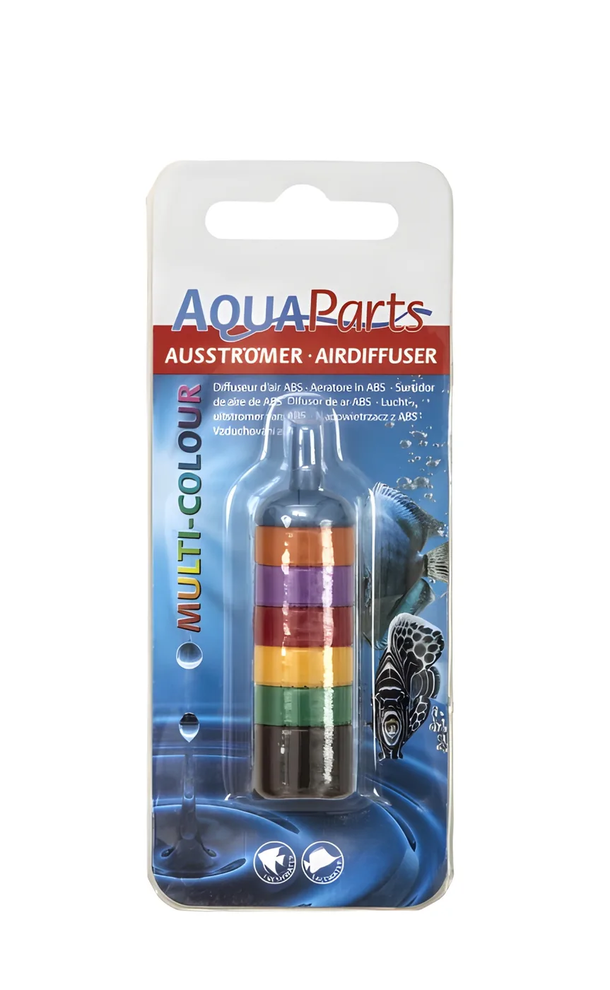 Difusor de ar multicolorido para aquário numa embalagem com design azul com peixes e bolhas