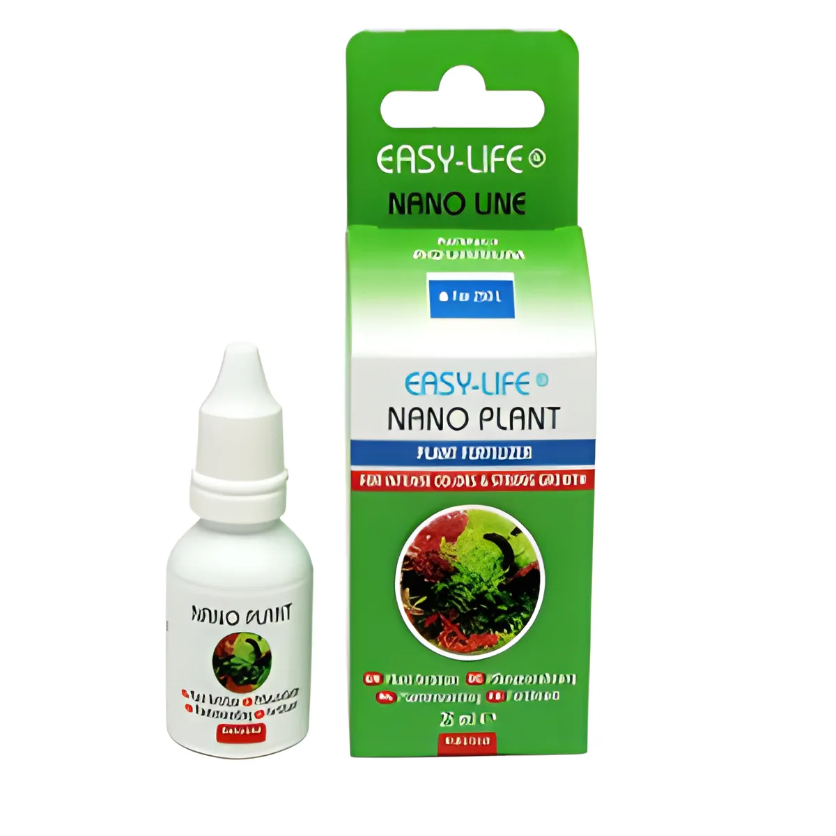 Frasco branco e embalagem verde e branca do produto Easy-Life Nano Plant com imagem de plantas aquáticas.