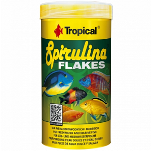 Embalagem de flocos de Spirulina da marca Tropical com imagens de peixes coloridos