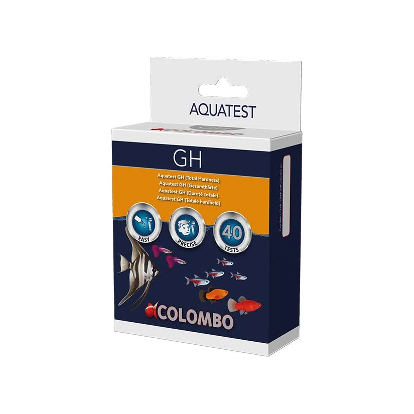 Caixa de teste AQUATEST GH para dureza da água com ilustrações de peixes
