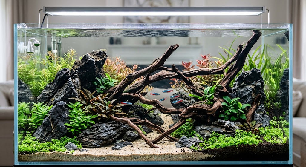 Aquário decorativo com peixes, troncos, pedras e plantas aquáticas