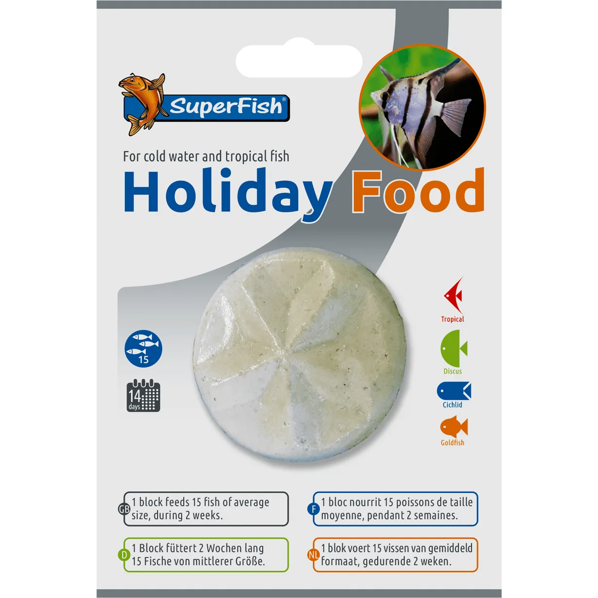 Alimento sólido SuperFish Holiday Food para peixes tropicais em embalagem branca com imagem e informações