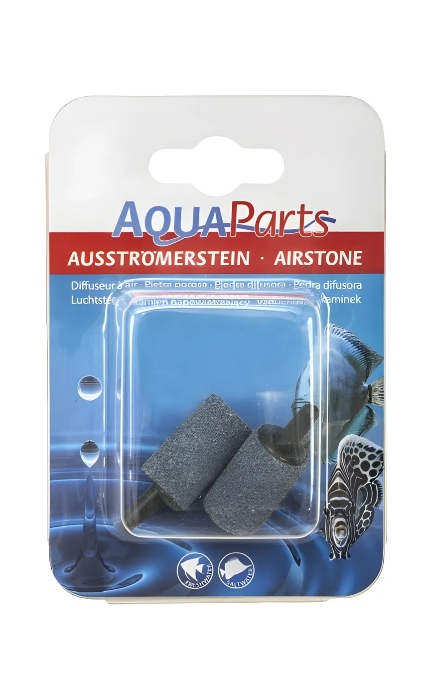 Bocal difusor de ar AquaParts com pedras difusoras cinzentas e embalagem azul com peixes