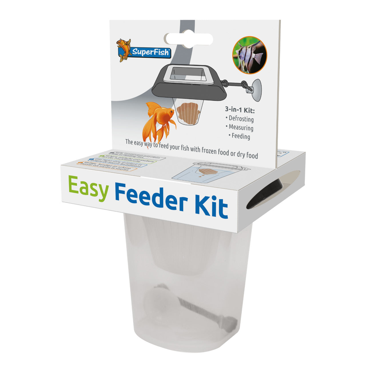 Kit de alimentação para peixes Easy Feeder Kit da marca SuperFish em embalagem com texto e imagens de peixes.