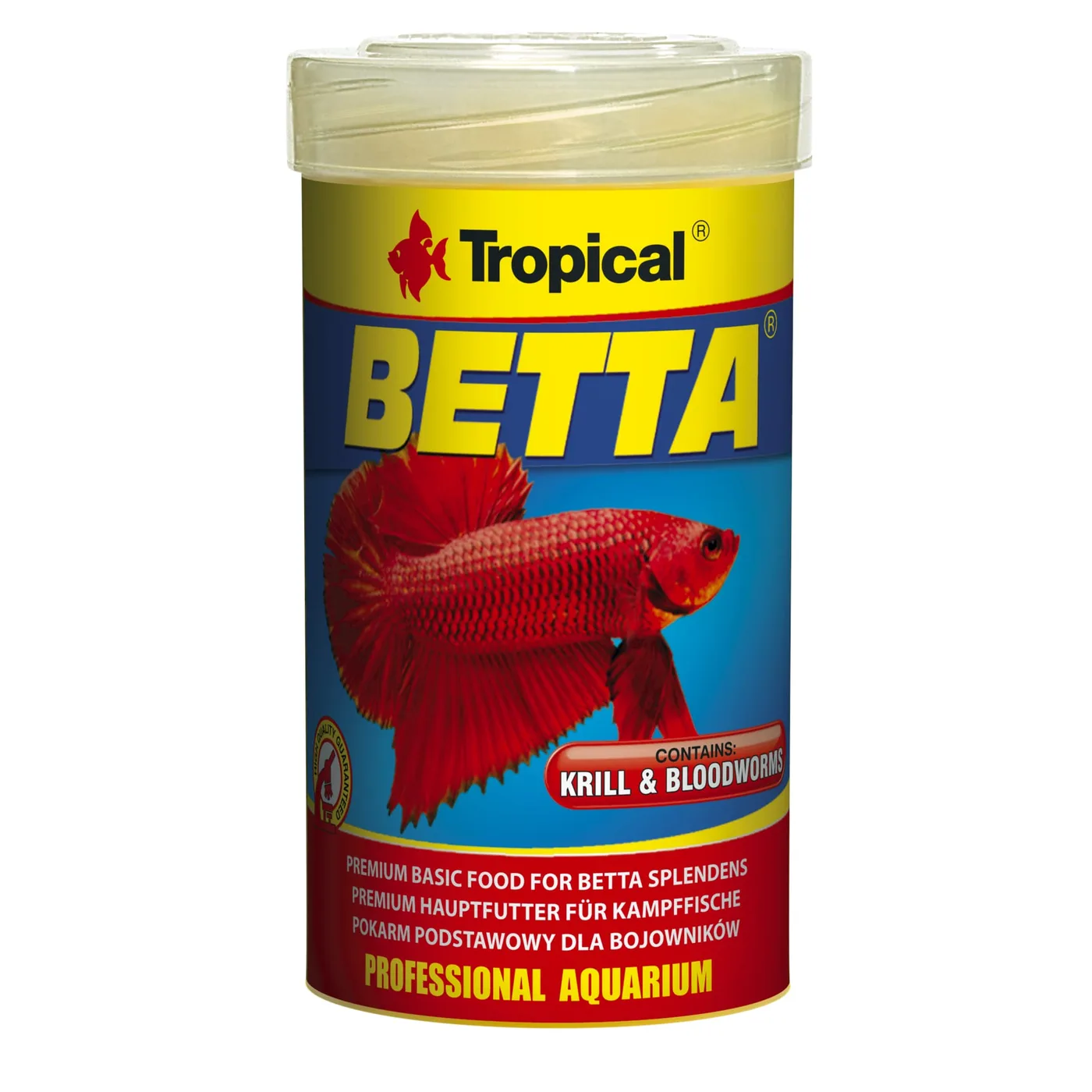Embalagem de alimento para peixe Betta Tropical com peixe Betta vermelho na frente
