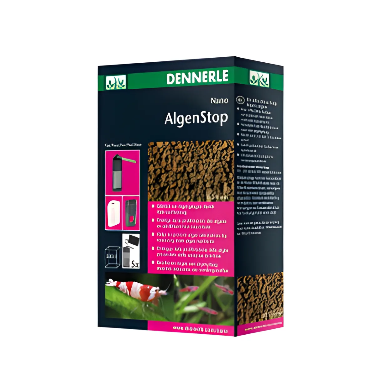 Embalagem do produto DENNERLE AlgenStop para aquários com imagens de algas e camarões