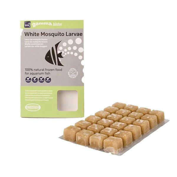 Alimento congelado para peixes White Mosquito Larvae com embalagem verde e cinza